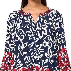 Tru Luxe Jeans Button Front Top with Contrast Embroidery Tunic size: XS